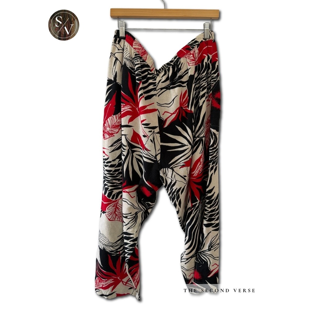 VTG Tropical Palm Print Linen Pants Red Black Cream Wide Leg Pull On Drawstring - Picture 3 of 10